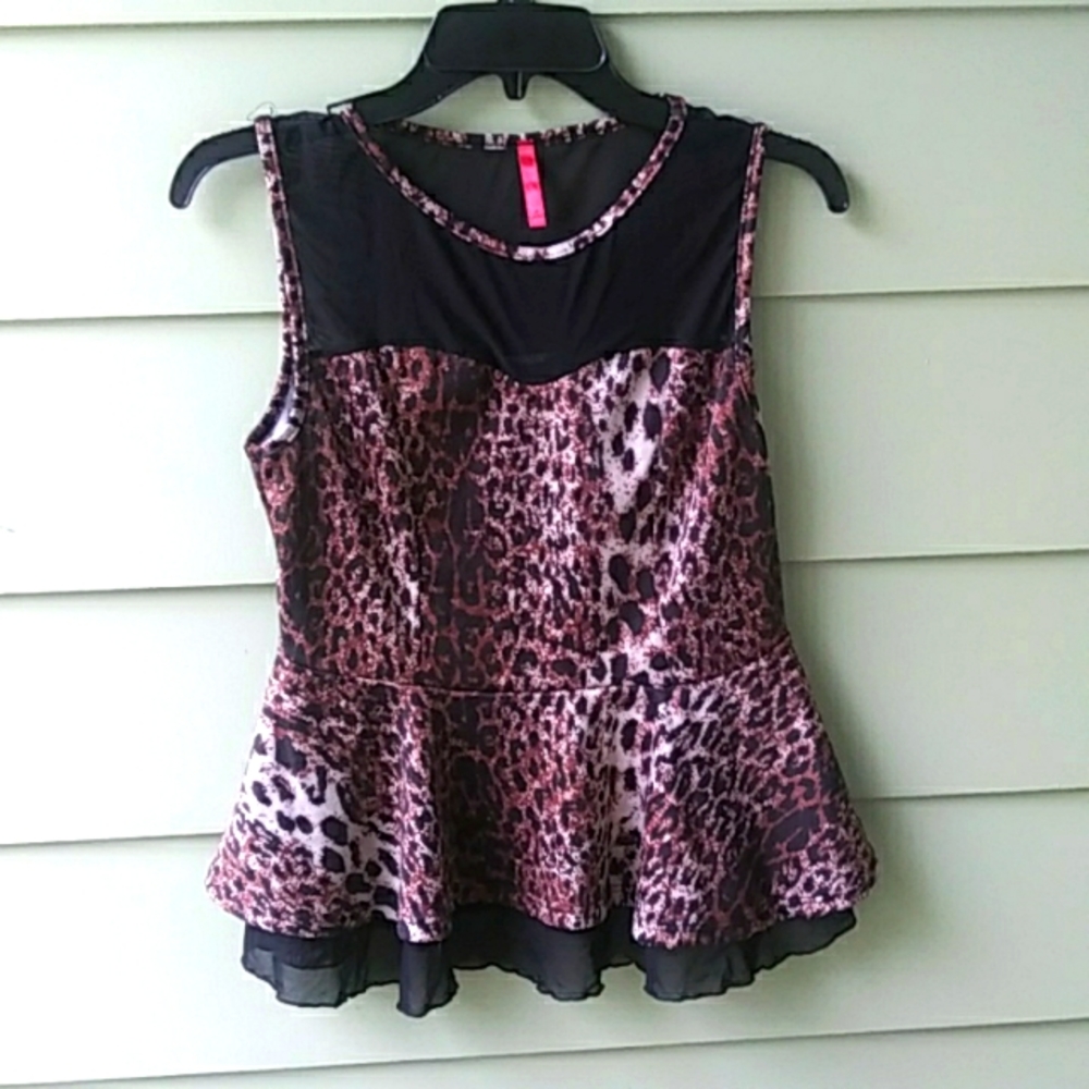 Vintage Leopard & Black Dressy Top Sweetheart Neckline Black Mesh Fitted Waist L